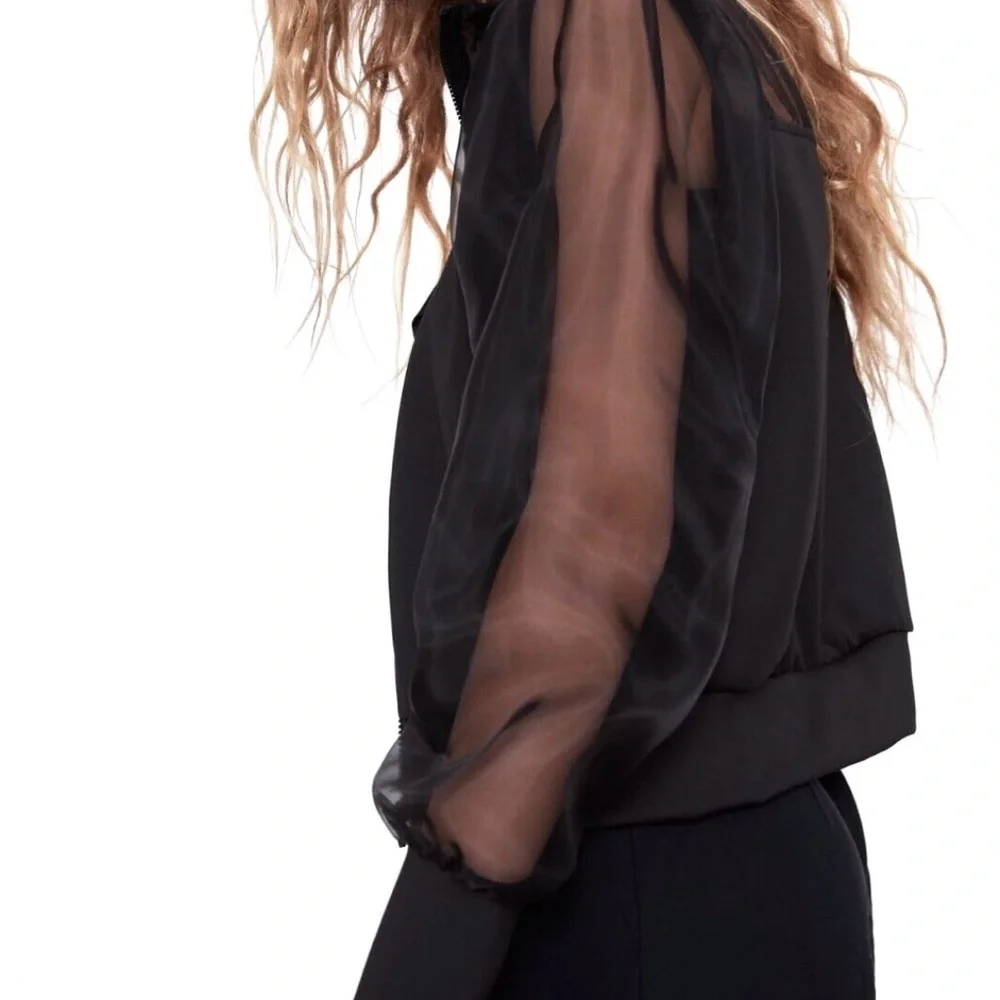 Zara Sheer Sleeve Tulle & Neoprene Bomber Jacket Black Rare Lightweight Sz S - Picture 3 of 10